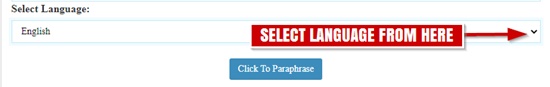 Select Language menu set to English, above the Click To Paraphrase button