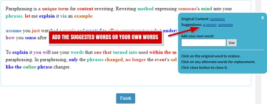 Paraphrased text with changed words highlighted and a suggestion box for picking another word or typing your own