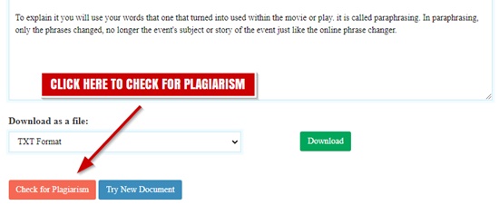 Finished text with the Download as a file menu set to TXT and a Check for Plagiarism button