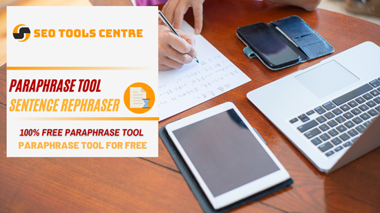 Paraphrase Tool and Sentence Rephraser banner by SEO Tools Centre, next to a laptop, tablet and phone on a desk