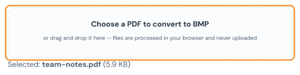 PDF to BMP converter with the file team-notes.pdf selected in the upload box