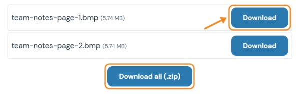 Converted pages team-notes-page-1.bmp and team-notes-page-2.bmp with Download buttons and a Download all (.zip) button
