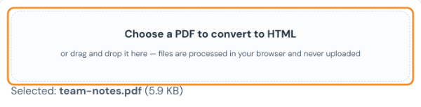 PDF to HTML converter with the file team-notes.pdf selected in the upload box
