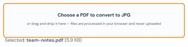 PDF to JPG converter with the file team-notes.pdf selected in the upload box