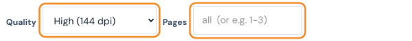 Quality menu set to High (144 dpi) next to the Pages field, which converts all pages when left empty