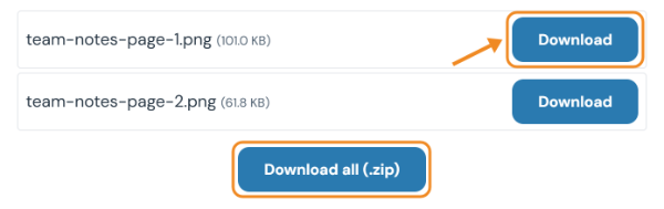 Converted pages team-notes-page-1.png and team-notes-page-2.png with Download buttons and a Download all (.zip) button