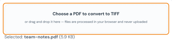 PDF to TIFF converter with the file team-notes.pdf selected in the upload box