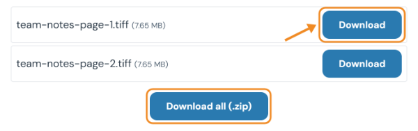 Converted pages team-notes-page-1.tiff and team-notes-page-2.tiff with Download buttons and a Download all (.zip) button