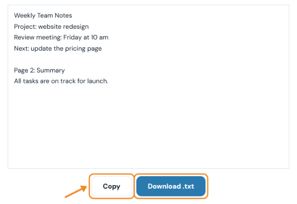 Text taken from team-notes.pdf shown in a box with Copy and Download .txt buttons