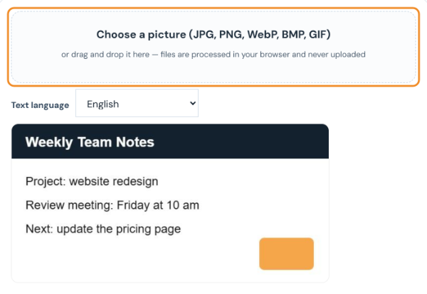 Image of typed meeting notes loaded into the Picture to Text tool, with the text language set to English