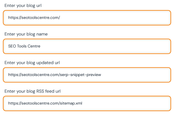 Ping tool with the blog URL, blog name, updated page URL and feed URL filled in