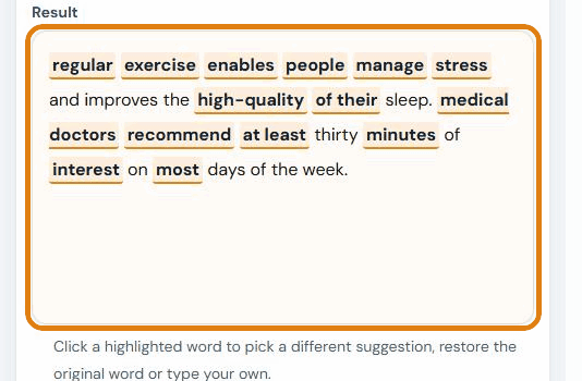 Result box with every changed word highlighted
