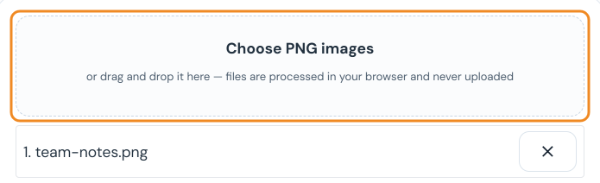 PNG to PDF converter with the image team-notes.png added to the file list