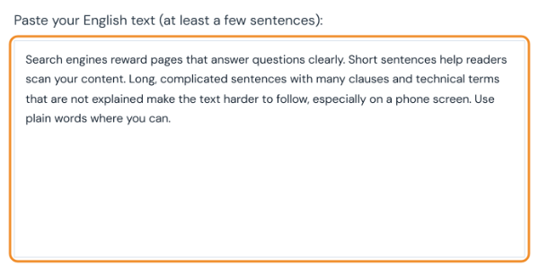 Readability checker with a paragraph of English text in the input box
