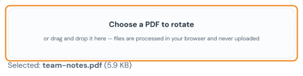 Rotate PDF tool with the file team-notes.pdf selected in the upload box