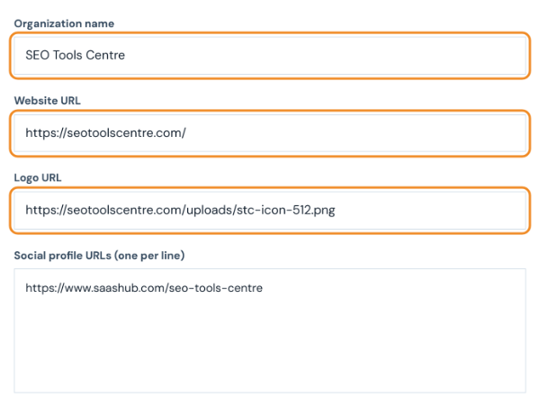 Organization name, website URL, logo URL and social profile URL filled in