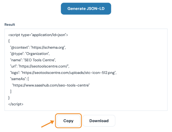 Generated JSON-LD script with the organization name, URL, logo and sameAs profile, and Copy and Download buttons