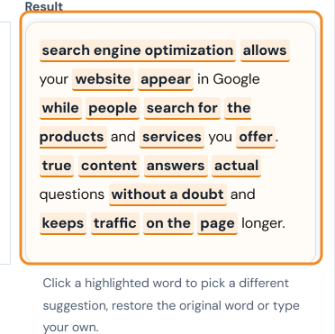 Result box with the replaced words highlighted, ready to review and edit