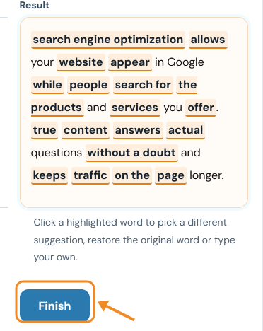 Finish button below the result box