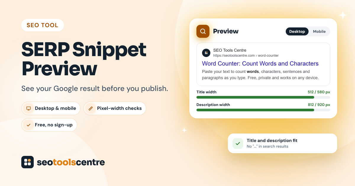 SERP Snippet Preview tool showing a Google search result with title and description width meters