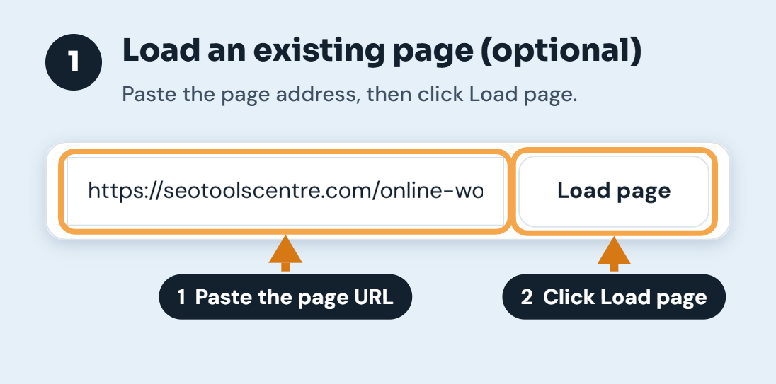 Step 1: paste a page address and click Load page to bring in its current title and meta description