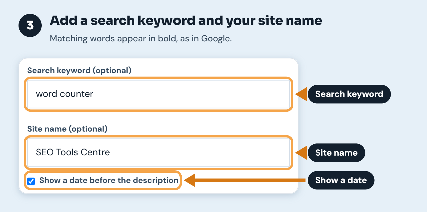 Step 3: search keyword, site name and the option to show a date before the description