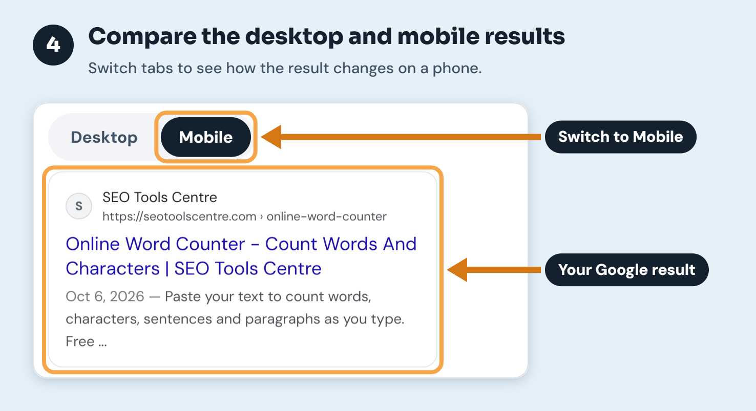 Step 4: Desktop and Mobile tabs above the Google-style search result preview