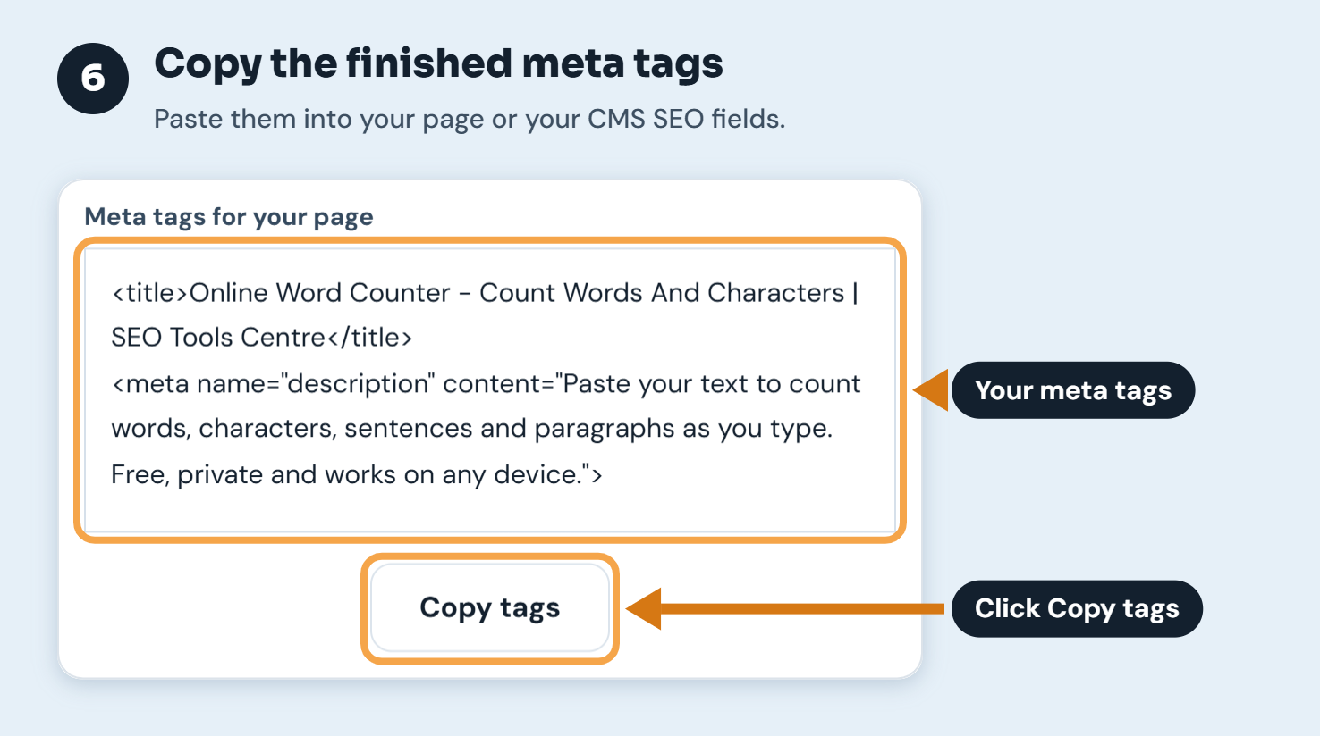 Step 6: the generated title and meta description tags with the Copy tags button