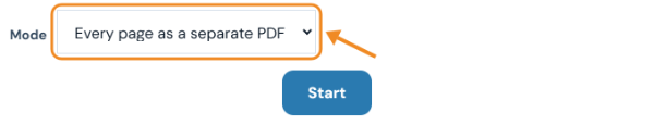 Split mode menu set to Every page as a separate PDF above the Start button