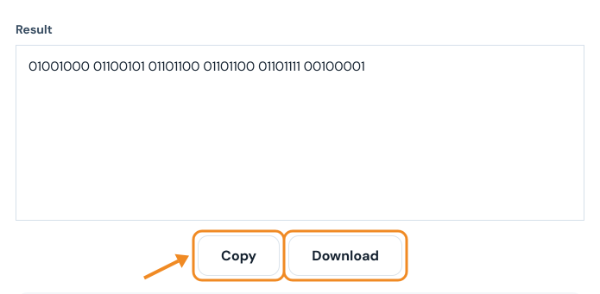 Result box with the binary code for Hello! and Copy and Download buttons