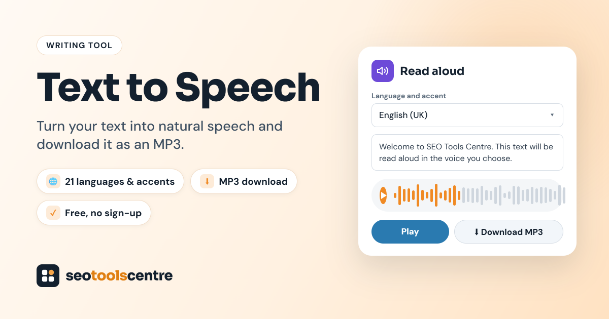 Text to Speech tool with a language and accent list, a text box, an audio player and a Download MP3 button