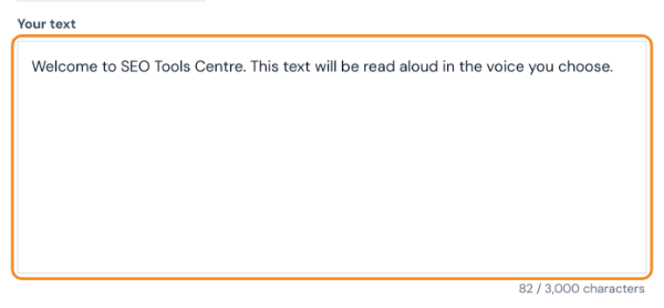 Text box with a welcome sentence and the character counter showing 82 of 3,000
