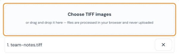 TIFF to PDF converter with the image team-notes.tiff added to the file list