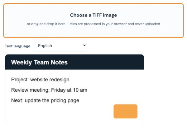Image of typed meeting notes loaded into the TIFF to Text tool, with the text language set to English