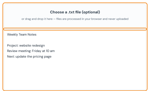 Text to PDF converter with meeting notes typed into the text box