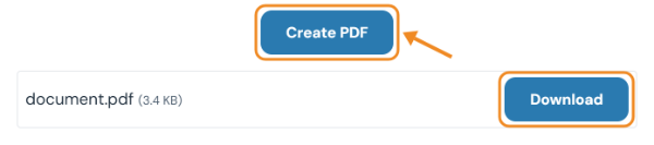 Create PDF button and the finished document.pdf with a Download button