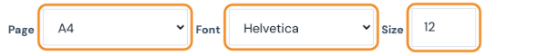 Page size A4, font Helvetica and size 12 options