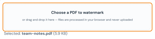 Watermark PDF tool with the file team-notes.pdf selected in the upload box