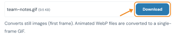 Converted file team-notes.gif with a Download button and a note that animated WebP files become single-frame GIFs