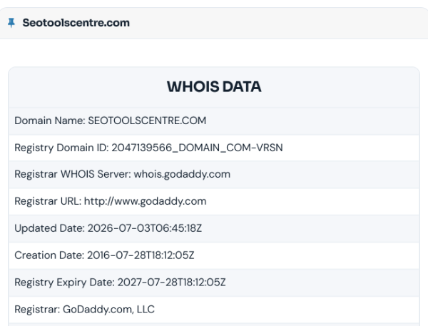 WHOIS record for seotoolscentre.com showing the registrar, creation date, updated date and registry expiry date