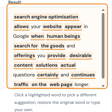 Result box with the replaced words highlighted, ready to review and edit