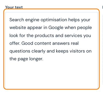 Change words in a text tool with a paragraph about search engine optimisation in the Your text box