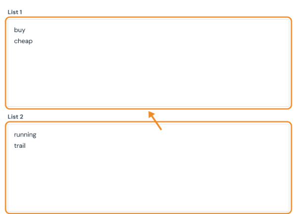 Word combiner with buy and cheap in List 1, running and trail in List 2 and shoes and boots in List 3