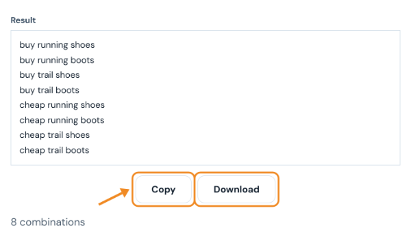 Eight combined phrases from buy running shoes to cheap trail boots with Copy and Download buttons