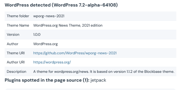WordPress detected with the theme folder, name, version, author, URIs and description, and the plugin jetpack