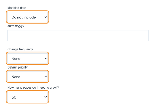 Sitemap options for modified date, change frequency, default priority and number of pages to crawl
