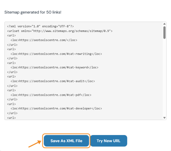 Generated sitemap XML for 50 links with a Save As XML File button